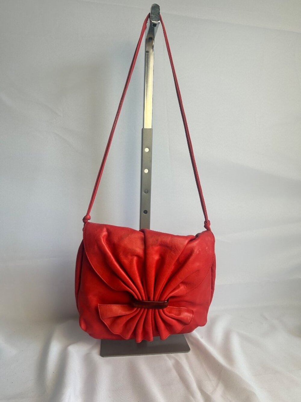 Women's Red Leather Shoulder Bag Bow Flap Purse Slouch Hobo Handbag Adjustable S